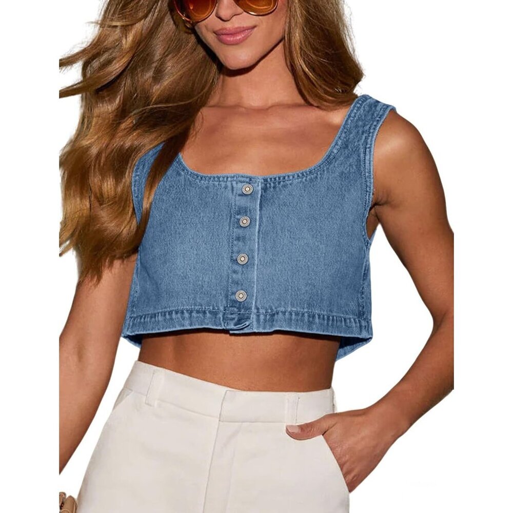 Women's Reversible Denim Tank Top Crop Blouse Sleeveless Cami Shirt